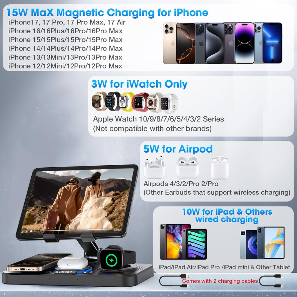 6 in 1 Wireless Charger for Apple Device, 30W Foldable Wired Charging for Ipad with Clock & 7 Color Ambient Light, Nightstand Charger Station for Iphone 17/16/15/Iwatch Series/Airpods 4/Pro 3(Black)