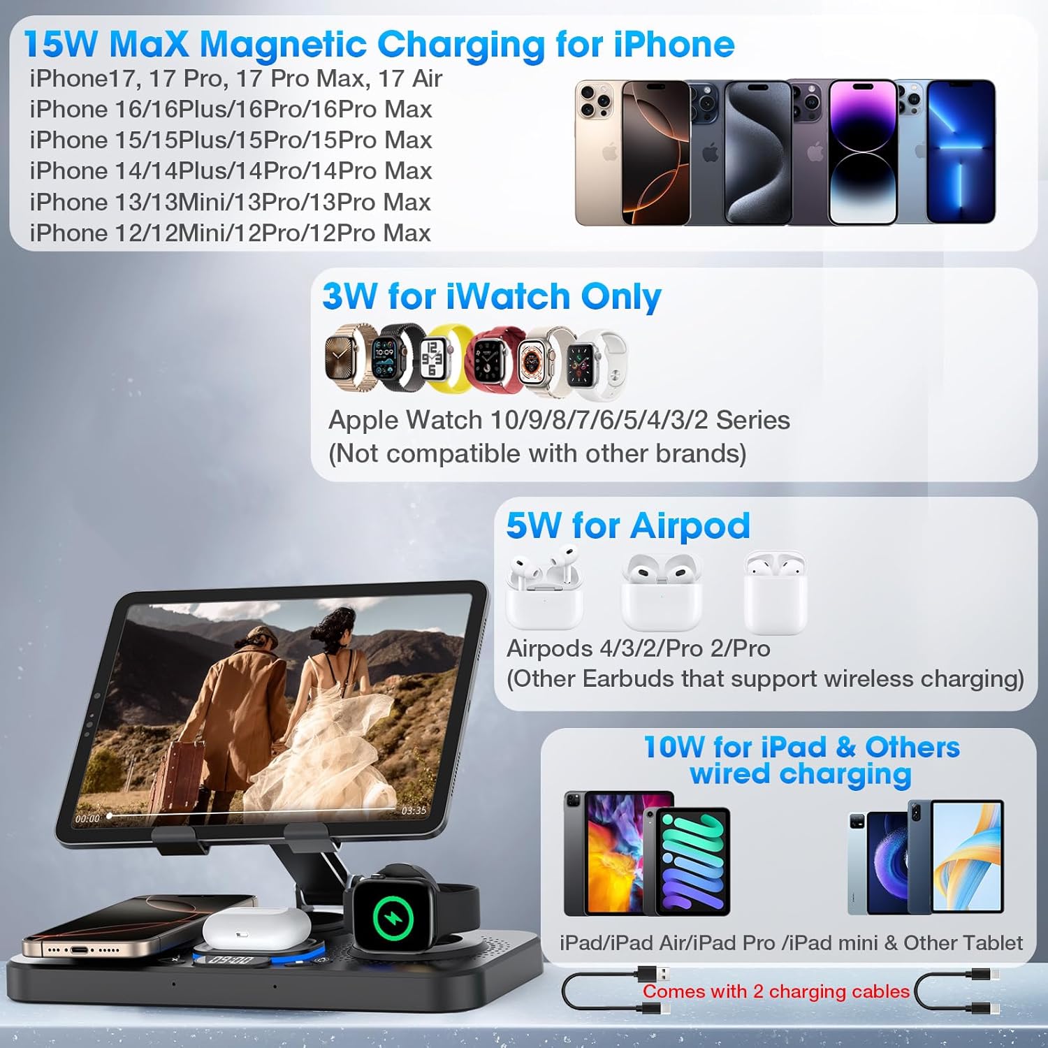 6 in 1 Wireless Charger for Apple Device, 30W Foldable Wired Charging for Ipad with Clock & 7 Color Ambient Light, Nightstand Charger Station for Iphone 17/16/15/Iwatch Series/Airpods 4/Pro 3(Black)