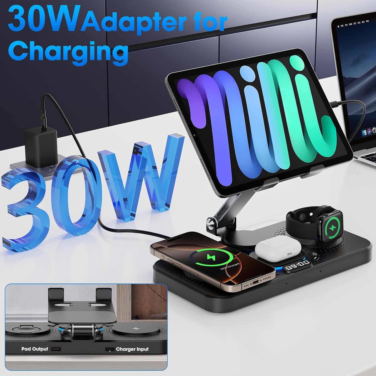 6 in 1 Wireless Charger for Apple Device, 30W Foldable Wired Charging for Ipad with Clock & 7 Color Ambient Light, Nightstand Charger Station for Iphone 17/16/15/Iwatch Series/Airpods 4/Pro 3(Black)
