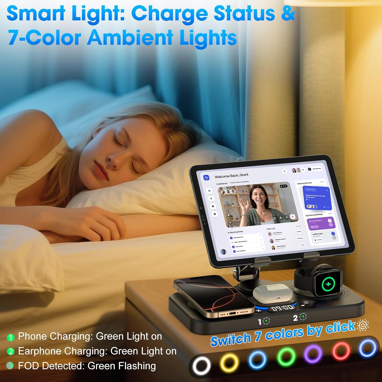 6 in 1 Wireless Charger for Apple Device, 30W Foldable Wired Charging for Ipad with Clock & 7 Color Ambient Light, Nightstand Charger Station for Iphone 17/16/15/Iwatch Series/Airpods 4/Pro 3(Black)