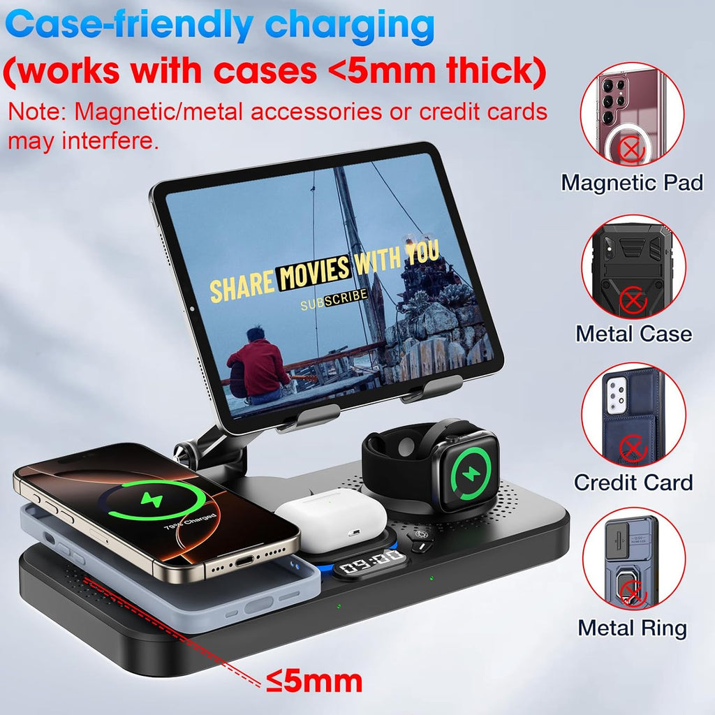 6 in 1 Wireless Charger for Apple Device, 30W Foldable Wired Charging for Ipad with Clock & 7 Color Ambient Light, Nightstand Charger Station for Iphone 17/16/15/Iwatch Series/Airpods 4/Pro 3(Black)