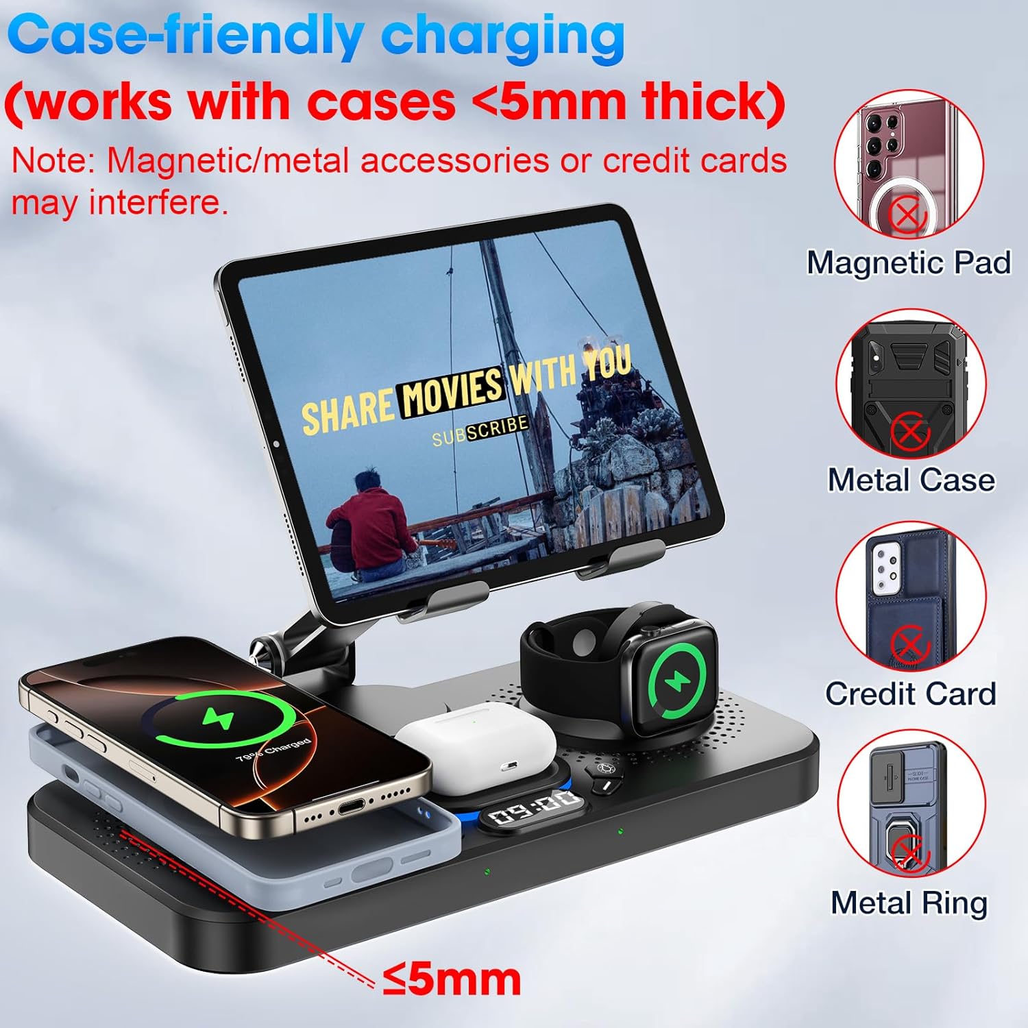 6 in 1 Wireless Charger for Apple Device, 30W Foldable Wired Charging for Ipad with Clock & 7 Color Ambient Light, Nightstand Charger Station for Iphone 17/16/15/Iwatch Series/Airpods 4/Pro 3(Black)