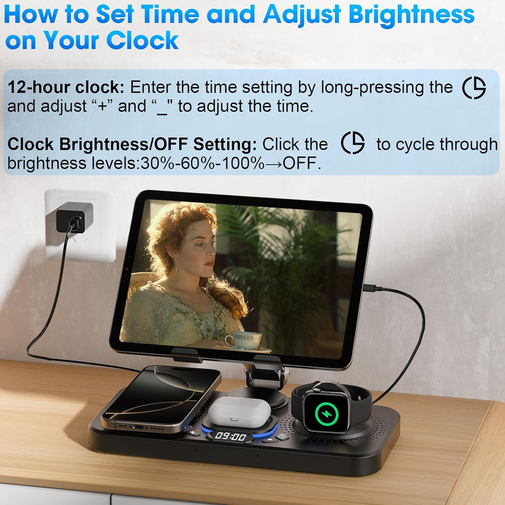 6 in 1 Wireless Charger for Apple Device, 30W Foldable Wired Charging for Ipad with Clock & 7 Color Ambient Light, Nightstand Charger Station for Iphone 17/16/15/Iwatch Series/Airpods 4/Pro 3(Black)