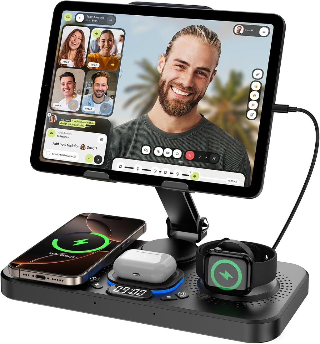 6 in 1 Wireless Charger for Apple Device, 30W Foldable Wired Charging for Ipad with Clock & 7 Color Ambient Light, Nightstand Charger Station for Iphone 17/16/15/Iwatch Series/Airpods 4/Pro 3(Black)