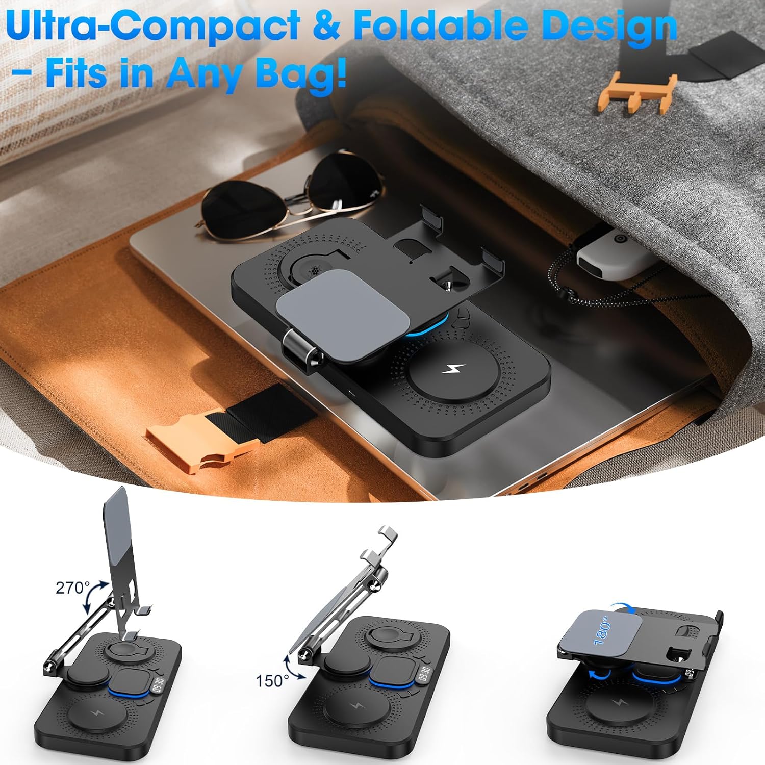 6 in 1 Wireless Charger for Apple Device, 30W Foldable Wired Charging for Ipad with Clock & 7 Color Ambient Light, Nightstand Charger Station for Iphone 17/16/15/Iwatch Series/Airpods 4/Pro 3(Black)