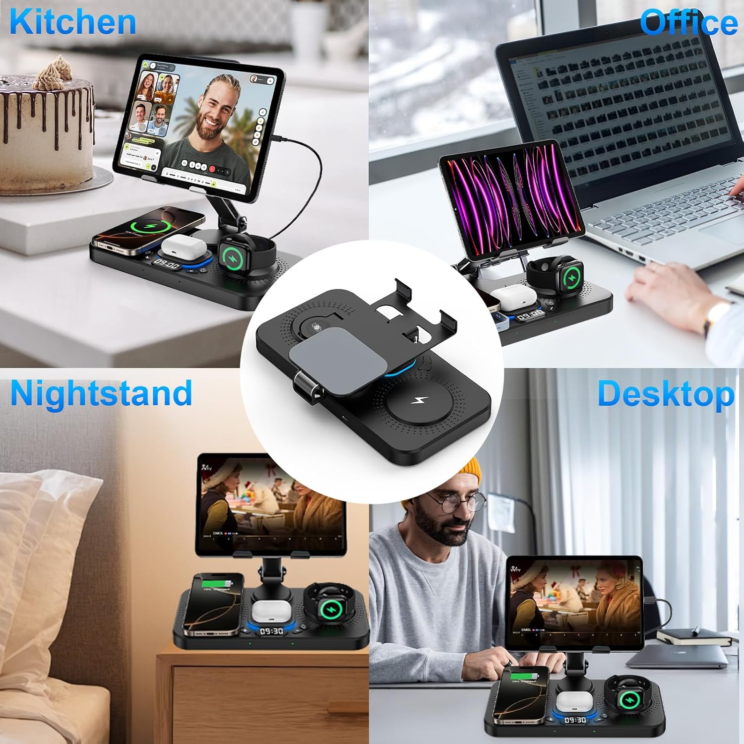 6 in 1 Wireless Charger for Apple Device, 30W Foldable Wired Charging for Ipad with Clock & 7 Color Ambient Light, Nightstand Charger Station for Iphone 17/16/15/Iwatch Series/Airpods 4/Pro 3(Black)